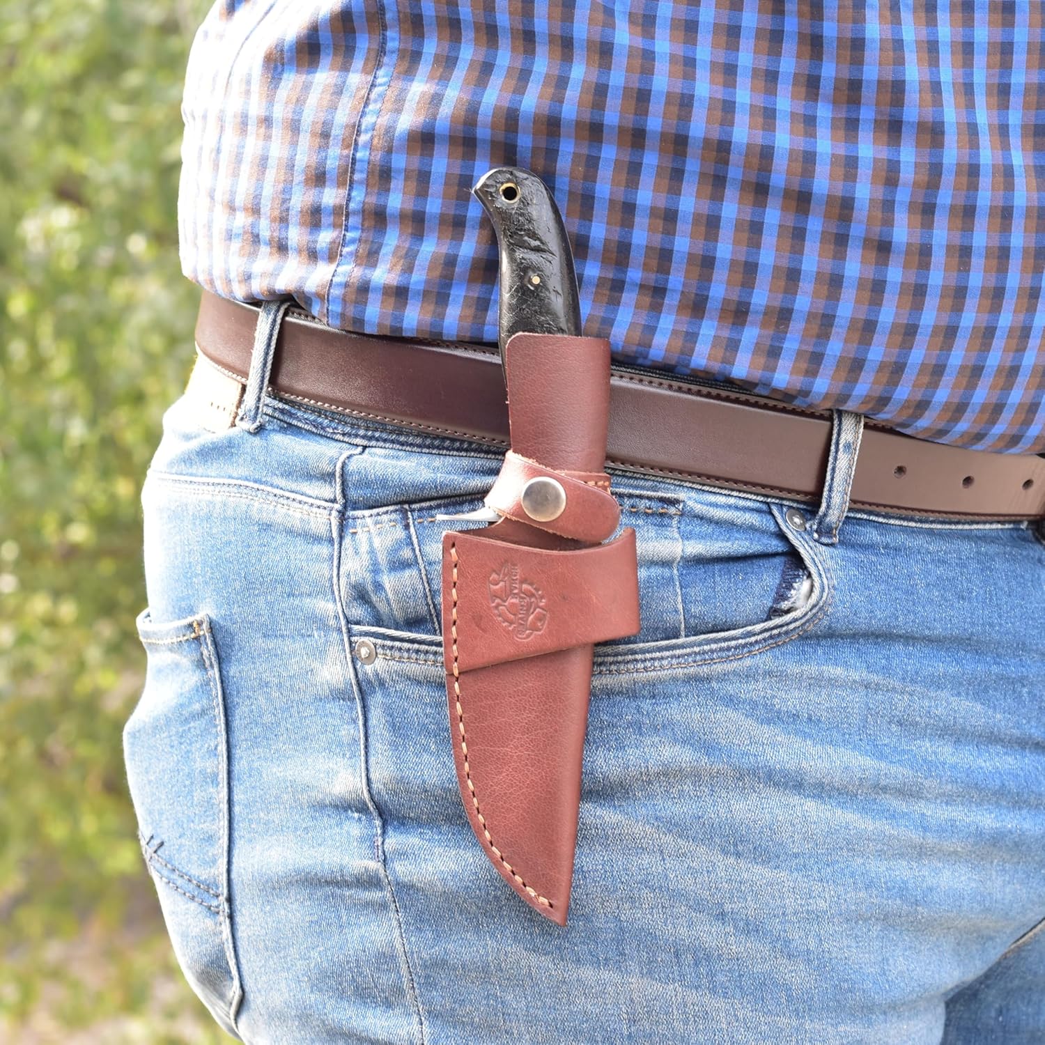 Knives Ranch Spear Point Knife Ram Horn Handle with Micarta Accent Horizontal + Vertical Belt Loops Leather Sheath Snug Fit (2168-RH)