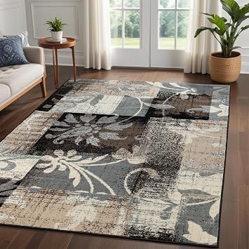 SUPERIOR Indoor Area Rug, Plush Carpet Cover, for Kids or Pets, Hallway, Entryway, Dining, Office, Kitchen, Modern Floral Patchwork Decor, Pastiche Collection, 4 x 6, Beige
