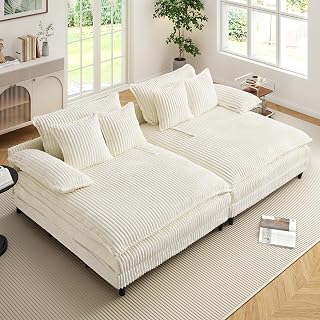 110" W Oversized Double Chaise Lounge Sofa Couch, Corduroy Sleeper Sofa Bed with Adjustable Backrest, Modern Upholstered Cloud Couch with Deep Seat & Pillows for Living Room, Beige