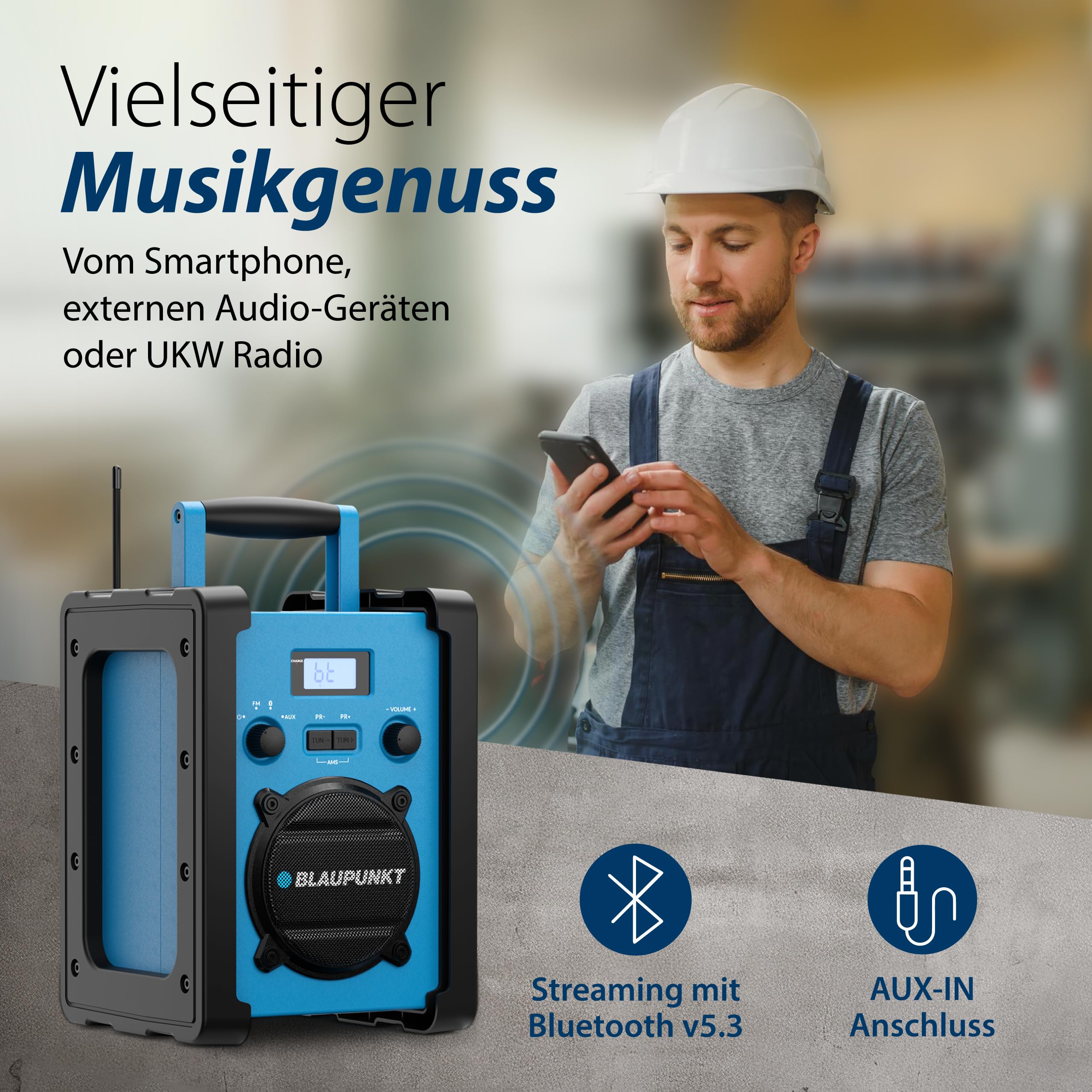 Blaupunkt BSR 30, Baustellenradio, Bluetooth, Robustes Akku-Radio, IP44 Schutz, AUX Wiedergabe, tragbares Baustellen Radio für Werkstatt & Outdoor