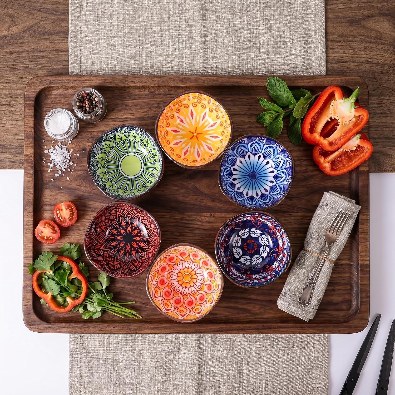 6 Pcs soy sauce dish Small Ceramic Bowls for Dips Soy Sauce Dessert or Condiments – Bohemian Style Dipping Bowls, Microwave & Dishwasher Safe, Also for Small Pet Food Dishes