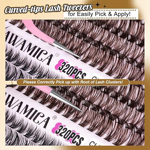 Miniatura 6 de Kit de extensión de pestañas para bricolaje, 320 pestañas individuales, mezcla de color negro y marrón, 0.354-0.630 in, kit de racimos de pestañas