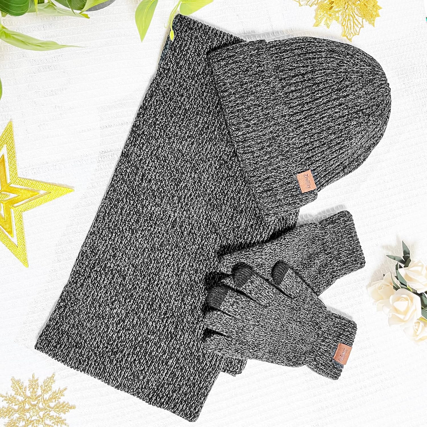 Winter Beanie Hat Scarf Gloves Set for Men & Women, 3PCS Knitted Warm Long Fleece Scarf with Touchscreen Gloves for Christmas - Image 7