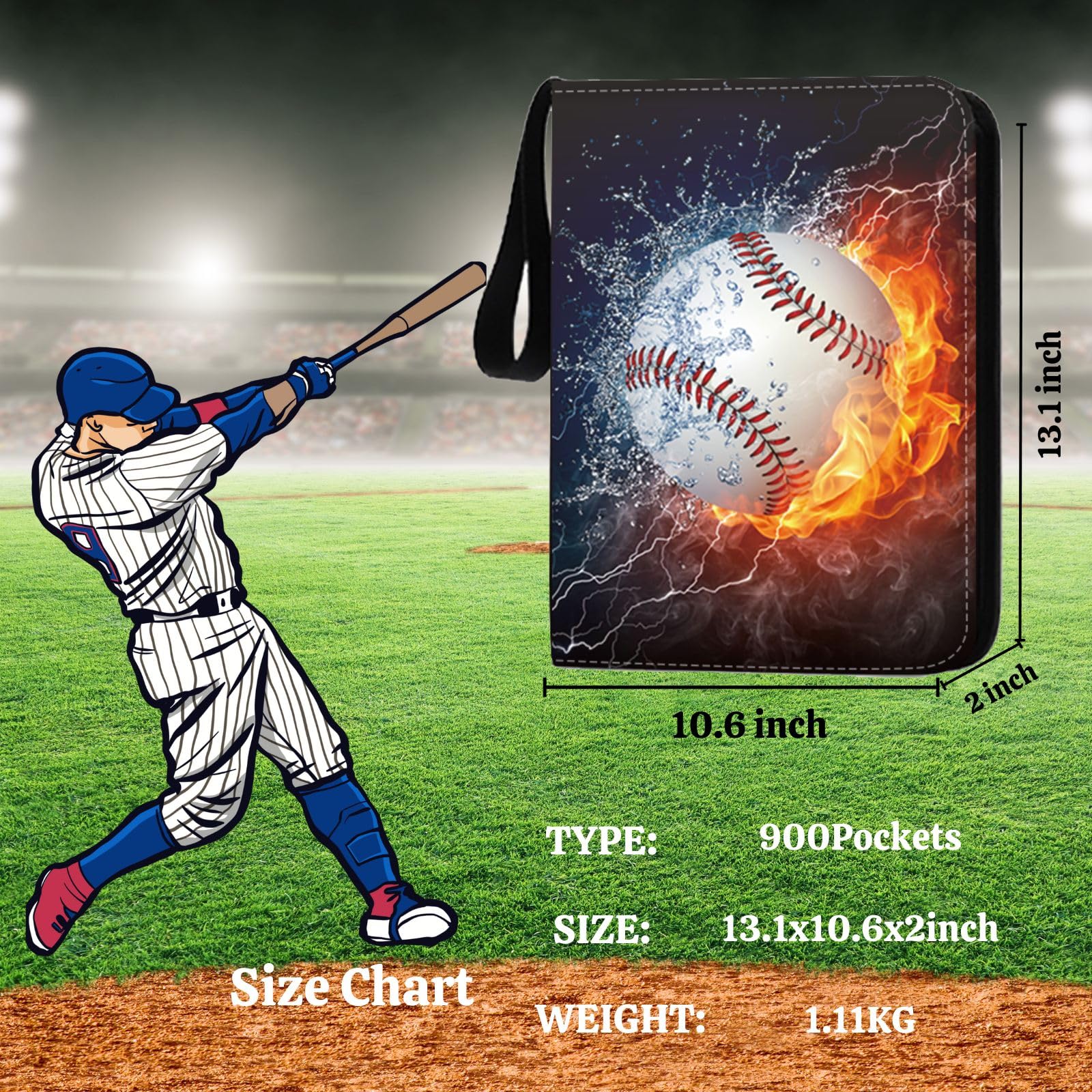 Raccoglitore per carte da baseball, 900 tasche, collezione di carte collezionabili con 50 maniche rimovibili, tasca a doppio lato, porta carte sportive in pelle PU da collezione per album di carte
