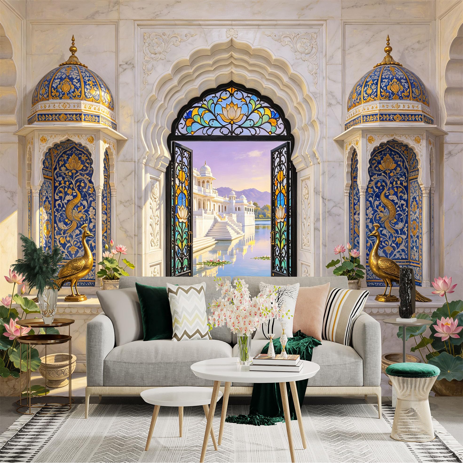 Custom Size Wall Sticker Mural， Marble Palace Interior with Lotus Lake and Ornate Arches， for wall Decoration， peelandstick wall Decals.