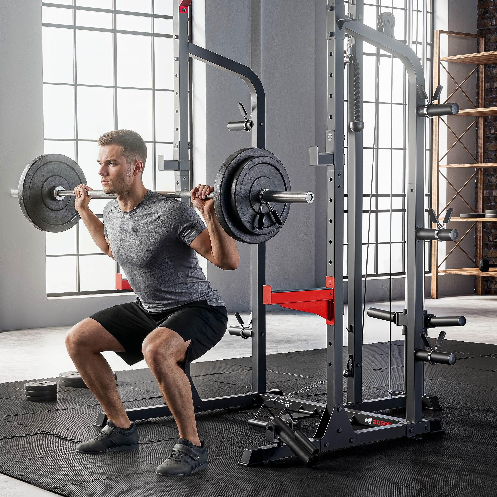 Hop-Sport Power Rack HS-2050K mit Latzug und Kabelzugstation, Power Cage mit Klimmzugstange, Sicherheitsablagen, Landmine, Squat Rack und Langhantelablage für Home Gym Krafttraining zuhause