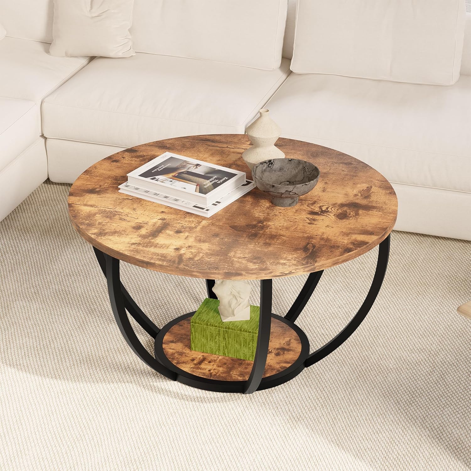 HOMERECOMMEND 28 Round Coffee Table with Storage,2-Tier Wood Accent Center Table for Living Room,Sofa Table for Home Office, Brown