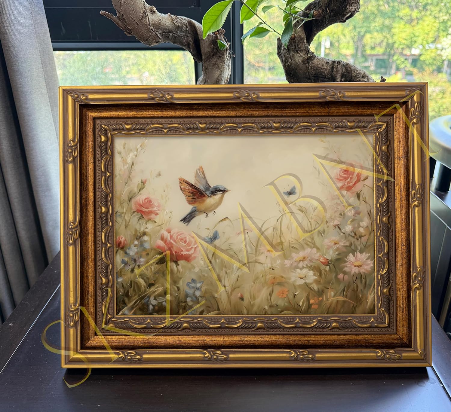 Vintage Gold Framed Bird Canvas Wall Art Vintage Plant Bird Prints Sketch Spring Floral Wall Decor Wildflower Meadow Beige Plants Style Poster Print Artwork for Living Room Bedroom Home Decoration