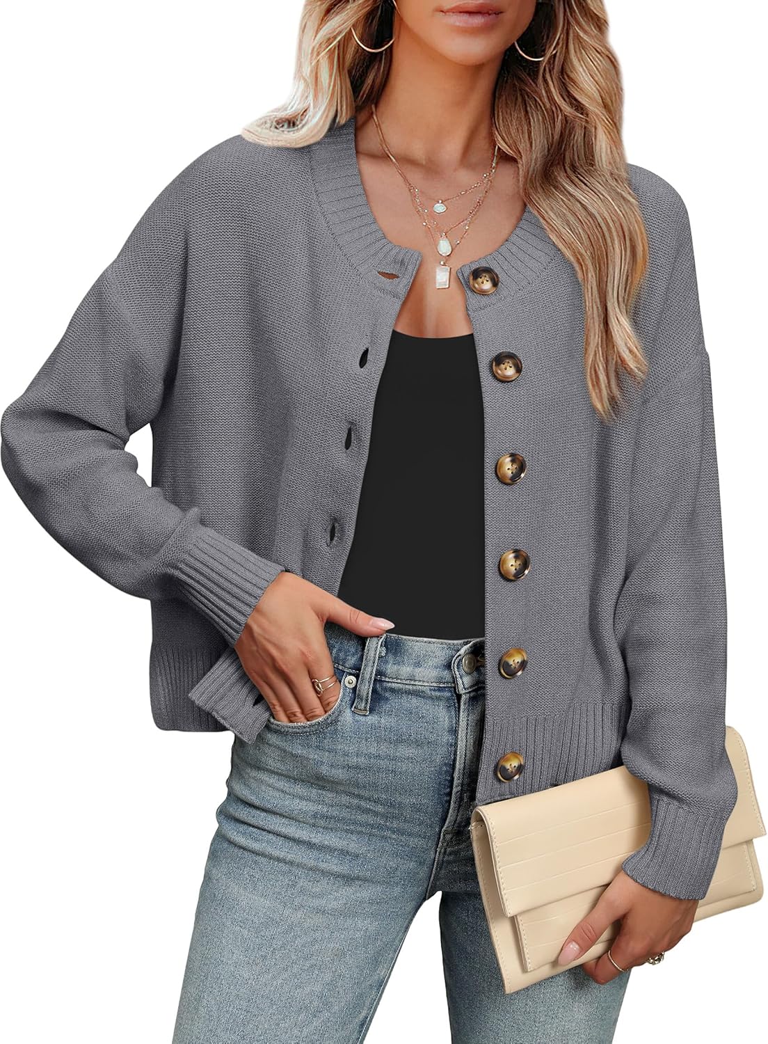 ANRABESS Women Knit Cardigans Sweater Open Front Button Down Long Sleeve Cropped Lady Jacket Outwear 2025 Fall Outfits