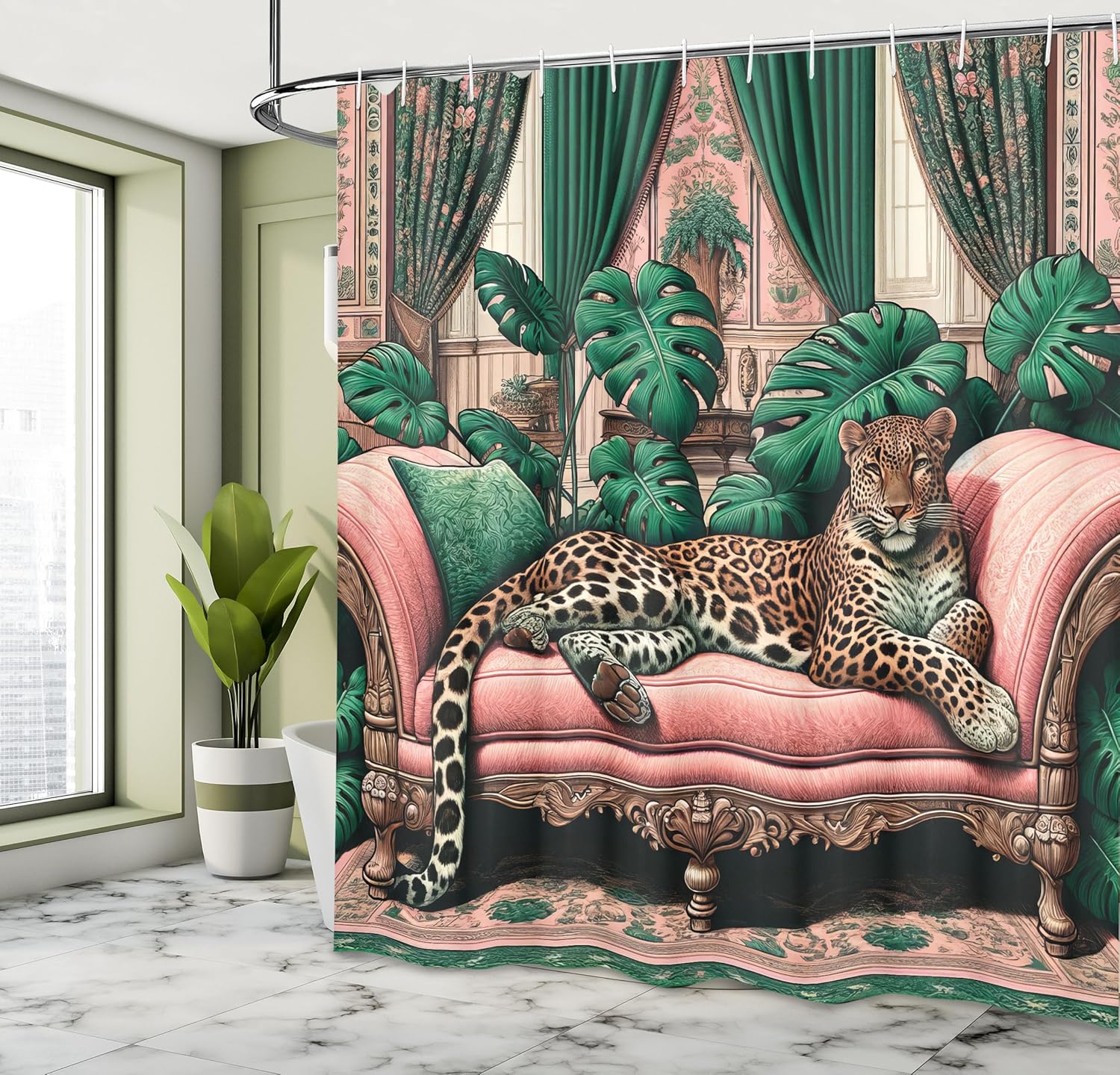 Ambesonne Leopard Shower Curtain, Monstera Leaves Around a Big Wild Cat Lounging Modern Boho Classic Vibes, Cloth Fabric Bathroom Decor Set with Hooks, 69" W x 84" L, Pink and Jade Green
