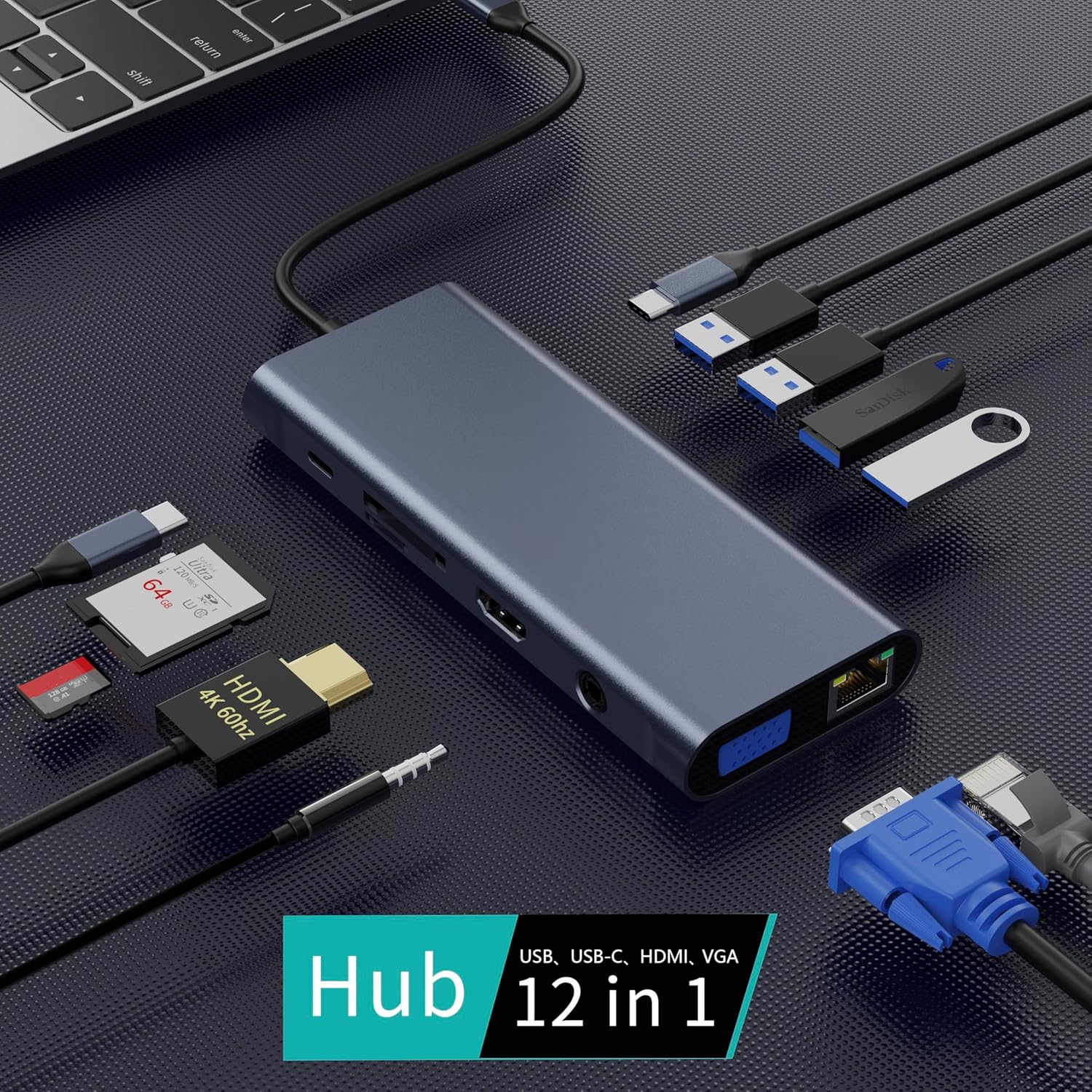 USB C Docking Station Hub (12 -in-1) with 4K 60HZ HDMI, Ethernet, VGA,Audio, USB3.0 TF/SD Dongle Docking Station Compatible for MacBook iPad Pro Dell Hp Lenovo