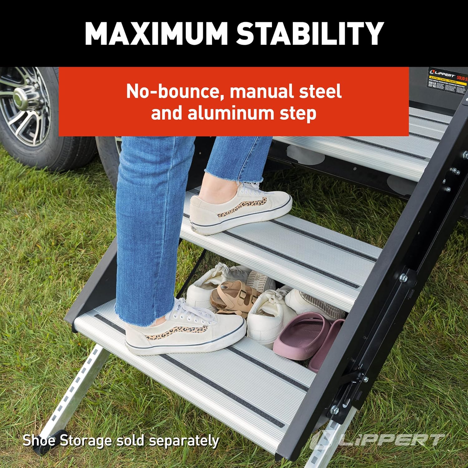 Lippert Solid Step 4.0 Premium Double RV Camper Entry Steps with 26" Step Width, XL Top Tread, 8" Rise, 500-lb. Weight Capacity, Adjustable Legs, Recessed Feet, Foldable Design - 2024056996