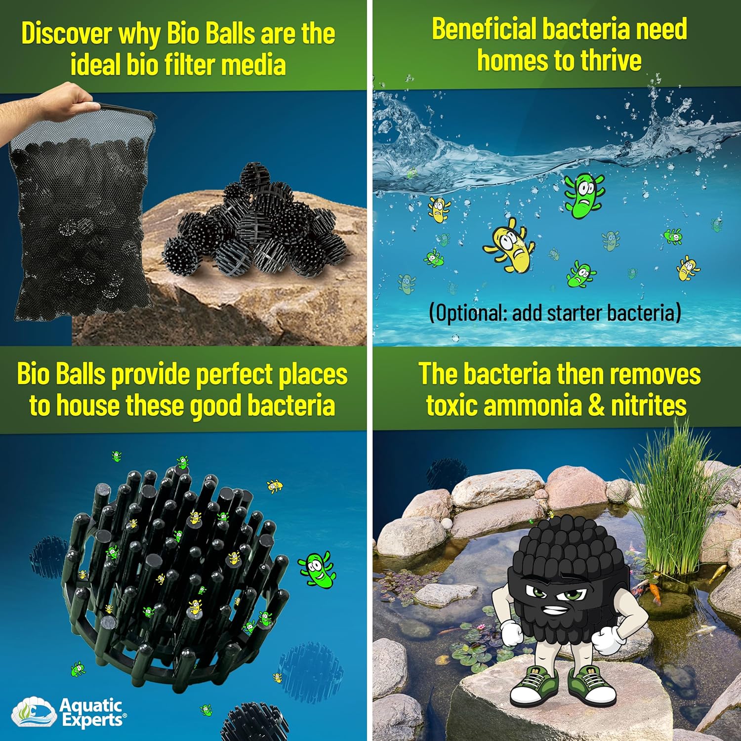 Aquatic Experts Bio Balls Filter Media Bulk, 1.5 Inch Large Bio Balls for Pond & Aquarium Filters, Pond Filter Media for Outdoor Ponds, (300 Count with 14" x 20" Mesh Bag, 1.5 Inch)