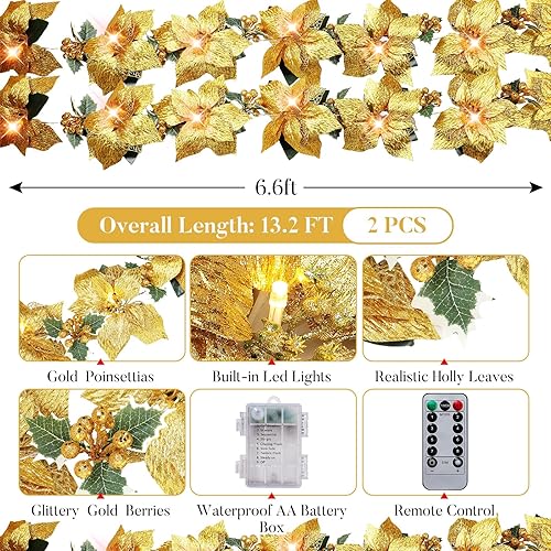 Miniatura 2 de Guirnalda de Navidad preiluminada con luces con purpurina y hojas de acebo y bayas, temporizador remoto, 8 modos, guirnalda de flores iluminada de