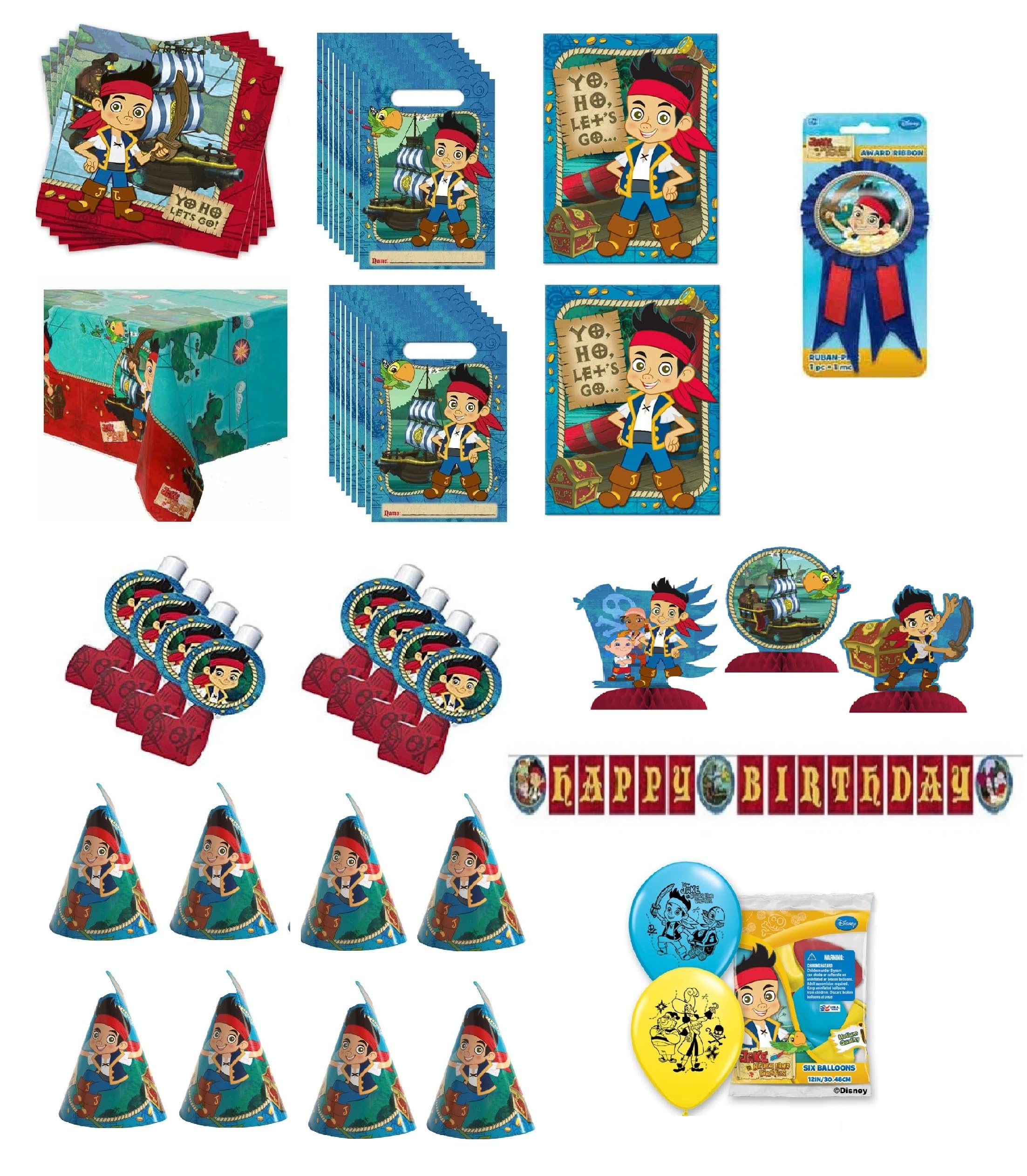 Jake and the Neverland Pirates Party Bundle includes Napkins, Table Cover, Loot Bags, Hats, Blowouts, Centerpiece, Banner, Invitations, Award, Balloons (Large Bundle for 16)