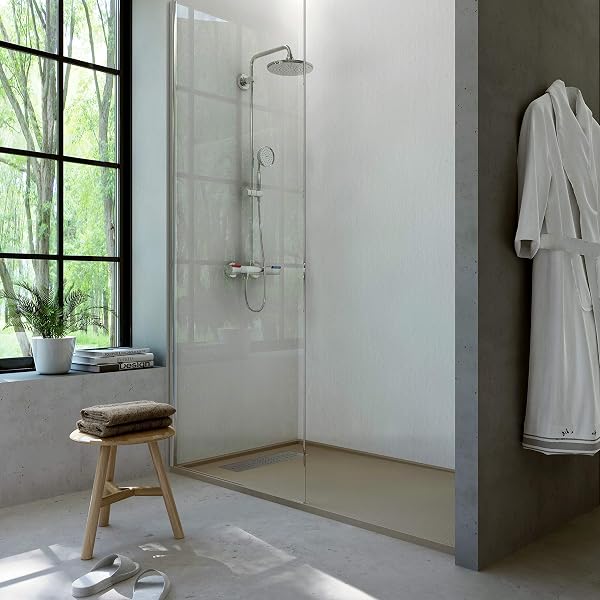 LOGA PLATOS DE DUCHA Shower Tray Resin Texture Slate Framed Mineral Load and Gel Coats (White, 110 x 80) in use