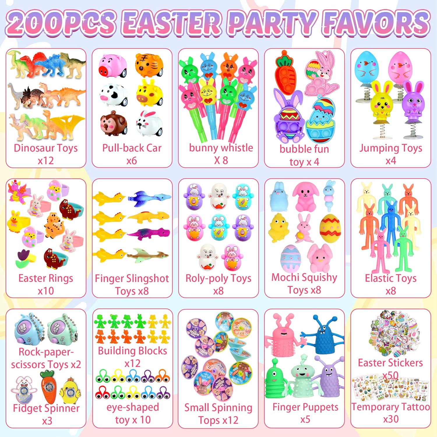 U-Goforst 200PCS Easter Egg Fillers, Easter Basket Stuffers Easter Egg Stuffers for Kids Boys Girls Small Toys Pack Bulk Filled Egg Hunt Gift Goodie Bags Party Favors Classroom Prizes Treasure Box