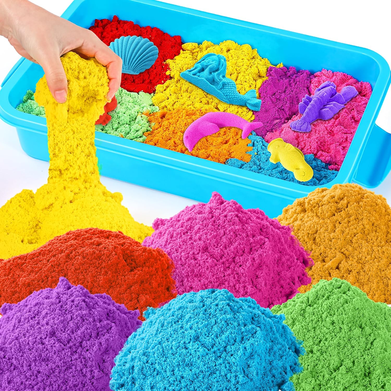 sikmcle Play Sand with Sensory Bin Toy for Kids, 8 lb of 7 Colored Bulk Magic Sand with Sandbox for Toddlers, Sensory Sand Kit for Boys and Girls Age 3-8 (Blue)