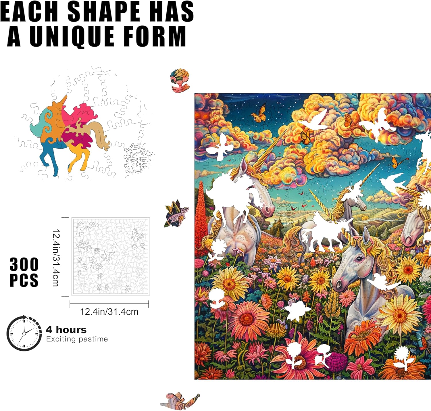 Wooden Jigsaw Puzzle for Adults, Unicorn Sunflower Field Puzzle 300 Pieces, Paranormal Collection (Unicorn Utopia),Unique Shape Wooden Jigsaw Puzzles with Wooden Storage Box Gifts