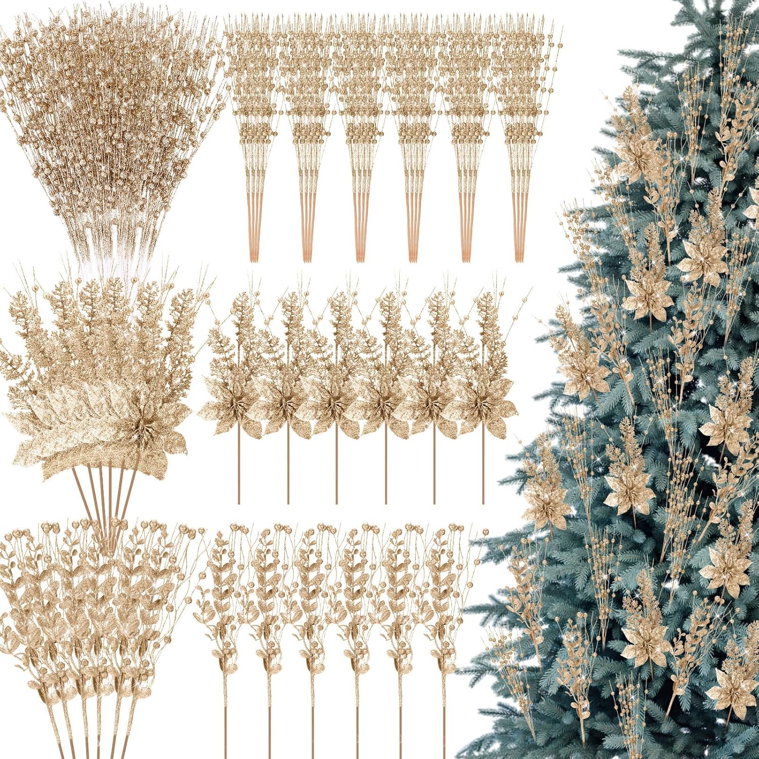 36 Pack 17'' Christmas Tree Picks Ornament Artificial Glitter Berry Stem Picks and Spray with Fake Christmas Poinsettia Flower Bead Stick Branch Decor for DIY Wreath Vase Filler(Champagne)