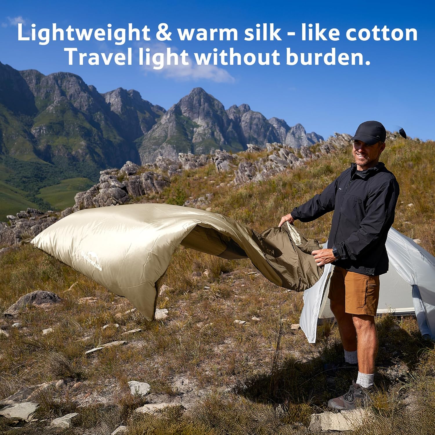 Diagram showing the dimensions (length, width) and packed size (height, diameter) of the Naturehike sleeping bag, including its weight.