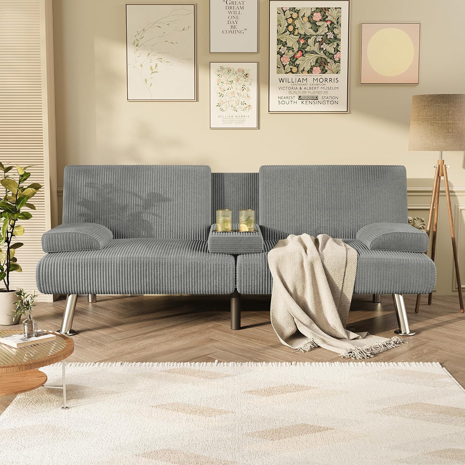 Homall Futon Sofa Bed, Futon Couch with Removable Armrests, Adjustable Recliner Sleeper Sofa Bed with Dual Cup Holders for Living Room, Apartment, Office (Corduroy, Grey)