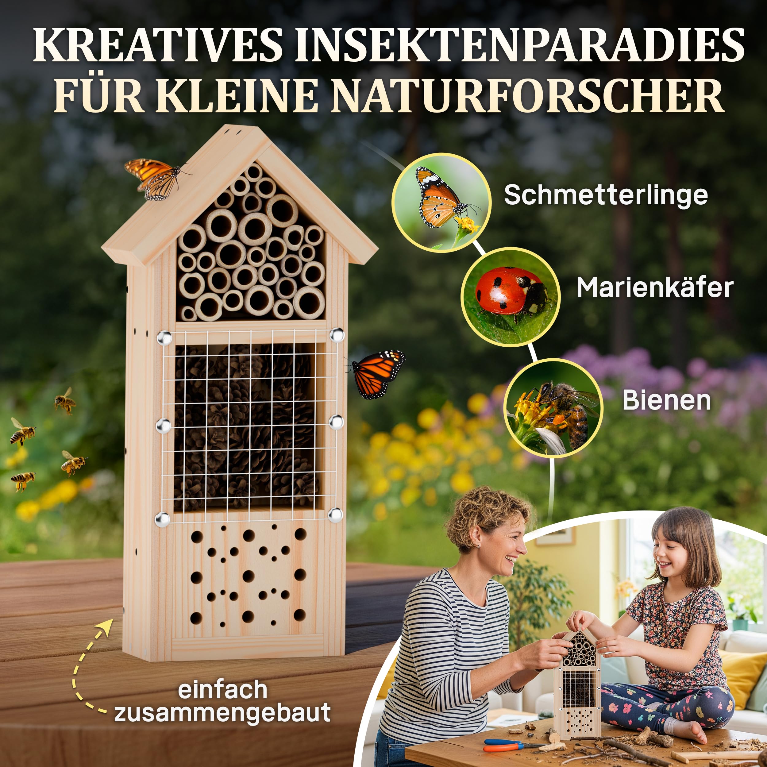 Eli® Insektenhotel Bausatz für Kinder aus Kiefernholz zum Bemalen – inkl 6 Farben - Pinsel - Hammer - Nägel - Schablonen & Vorlagen – DIY Bienenhaus & Wildbienenhotel für Garten & Balkon