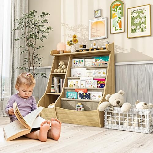 Miniatura 7 de FKWin Estantería para habitación de niños, estante para libros de 4 niveles con 5 bolsillos tipo cabestrillo, diseño de ciervo, organizador de