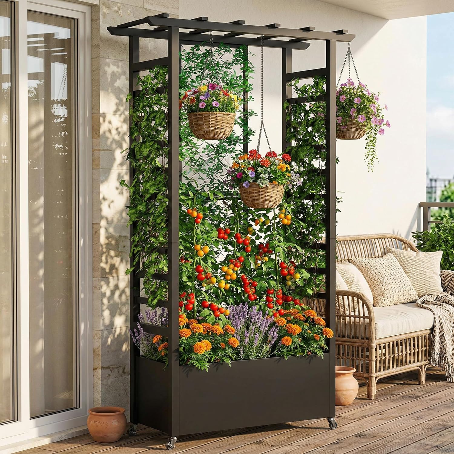 74" Mobile Planter with Trellis,Weatherproof Vertical Raise Garden Bed with Trellis & Hanging Roof for Climbing Plants,Flowers,Vegetables,Rust-Proof Metal Privacy Planter for Patio (Black-A)