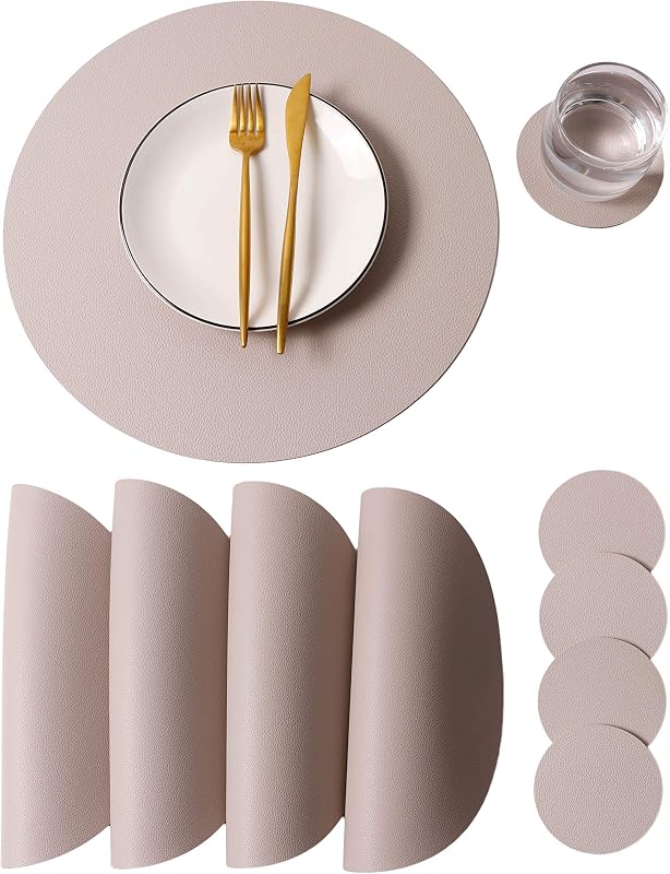 Wipeable Placemats and Coasters Leather Table Mats Waterproof Heat-Resistant Easy to Clean for Dining Table Set Kitchen Table Set of 4, Taupe