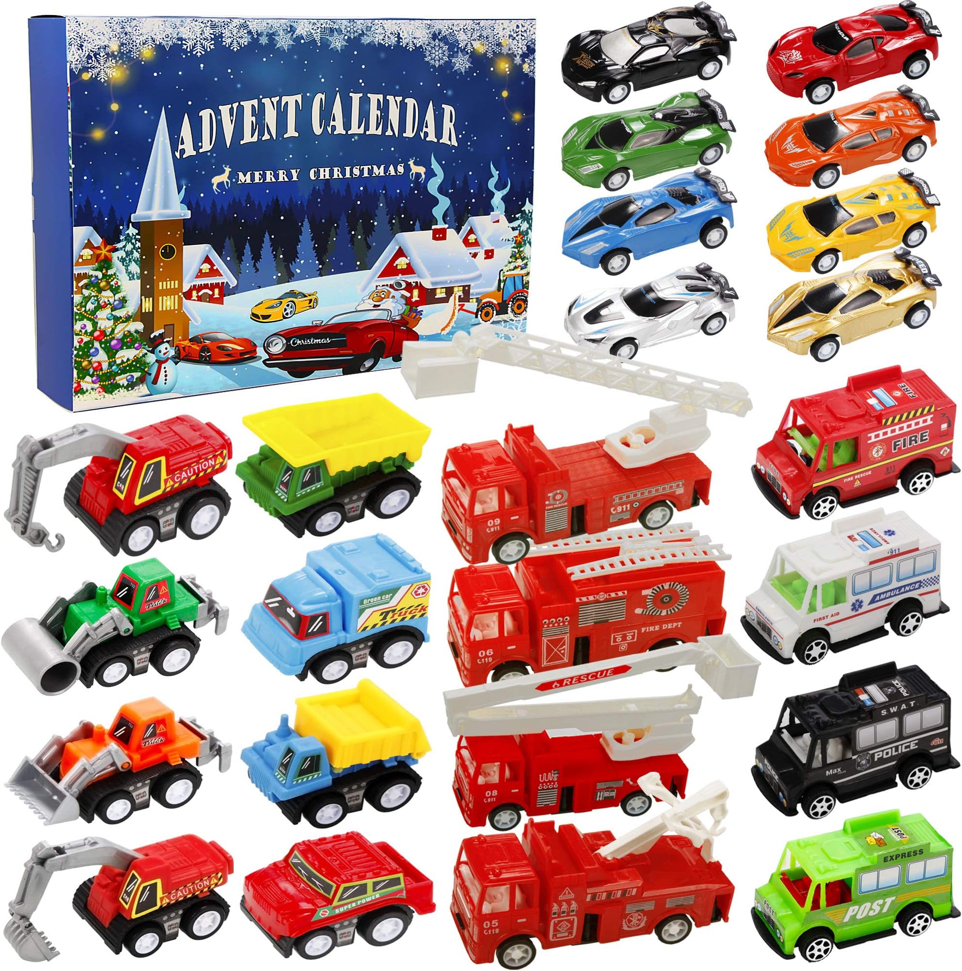 Advent Calendars Toy Kit 2022 for Boys , Christmas Countdown Calendar 2022 for Kids, 24 Days Jewelry Xmas Count Down Gifts , Including 24 Different Construction Vehicles, Race Car, Police Car, Truck