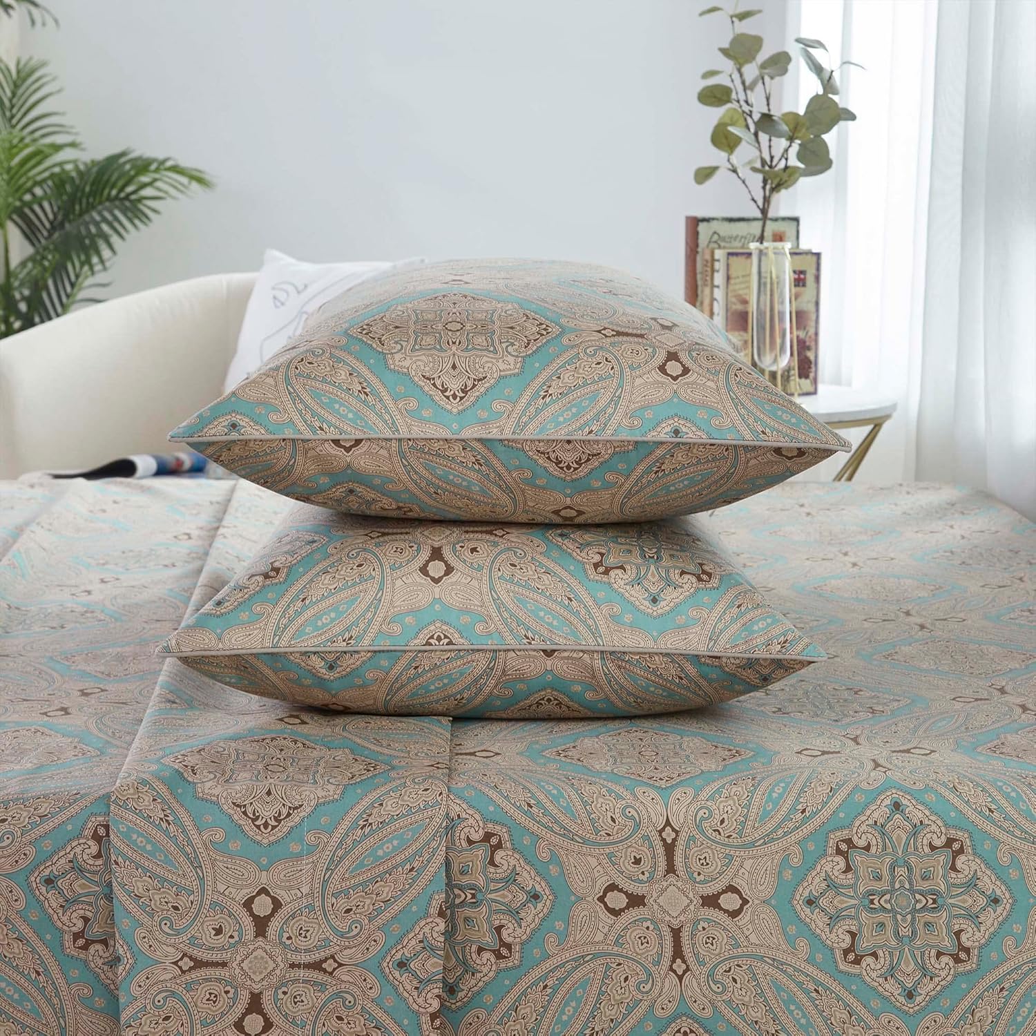 Brandream Boho Paisley Print Luxury Bedding Bohemian Damask Medallion King Size Sheet Set 800TC Egyptian Cotton Sateen Deep Pocket, 4 Piece, Taupe