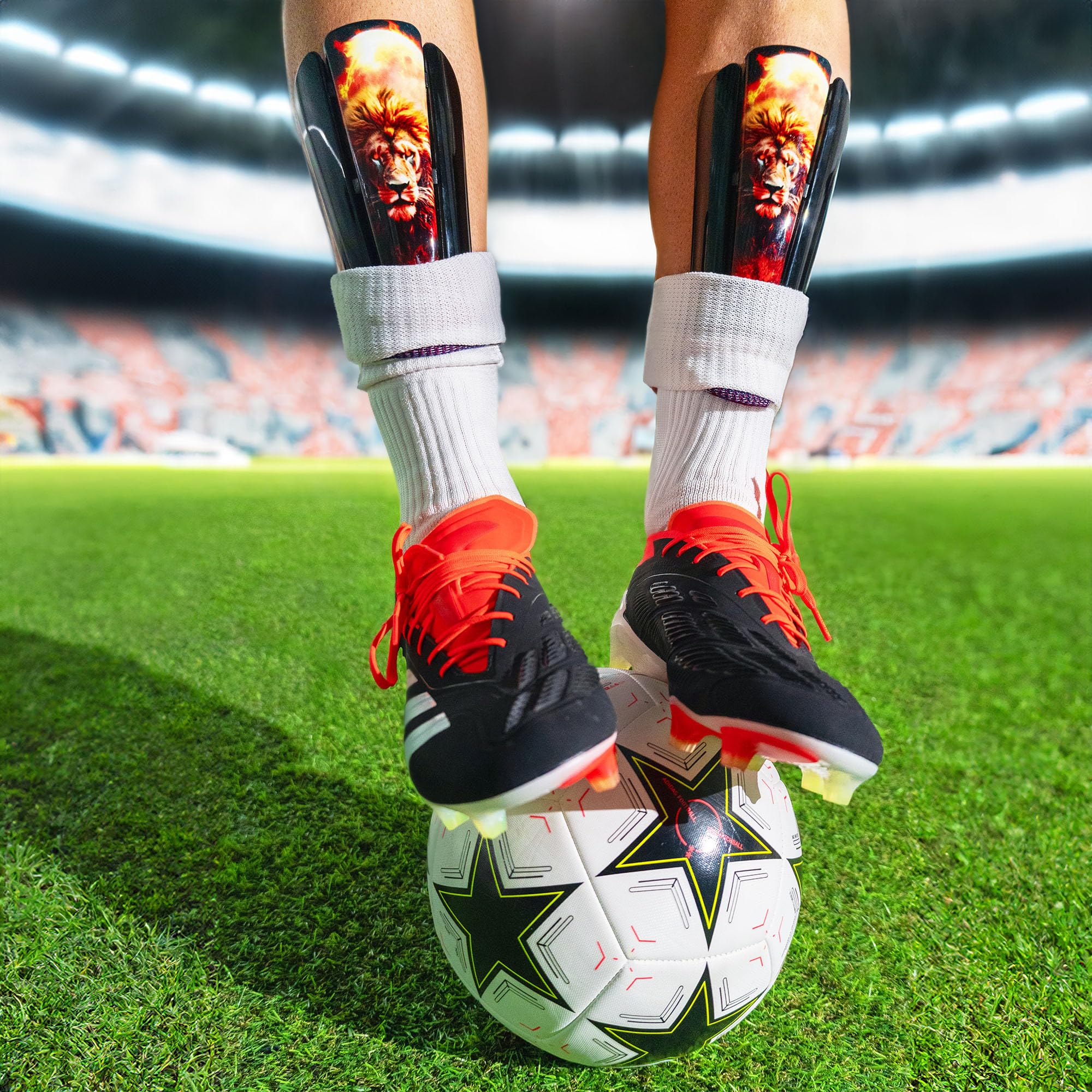 Parastinchi Da Calcio Giovani Adulti ad alta resistenza agli urti Made in Italy Protezione Completa. Comprese fasce di sostegno. Modello Red Lion
