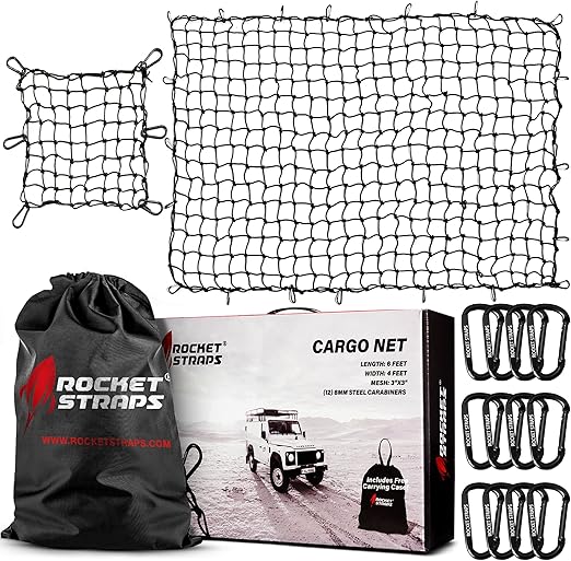 Heavy Duty Pickup Truck Bed Cargo Net - 4' x 6' (Stretches to 8' x 12') - Heavy Duty 3”x3” Mesh - 12 Large Steel Carabiners - Compatible with Ford, Dodge RAM, Chevy, Toyota (Bonus) 16" x 16" Net