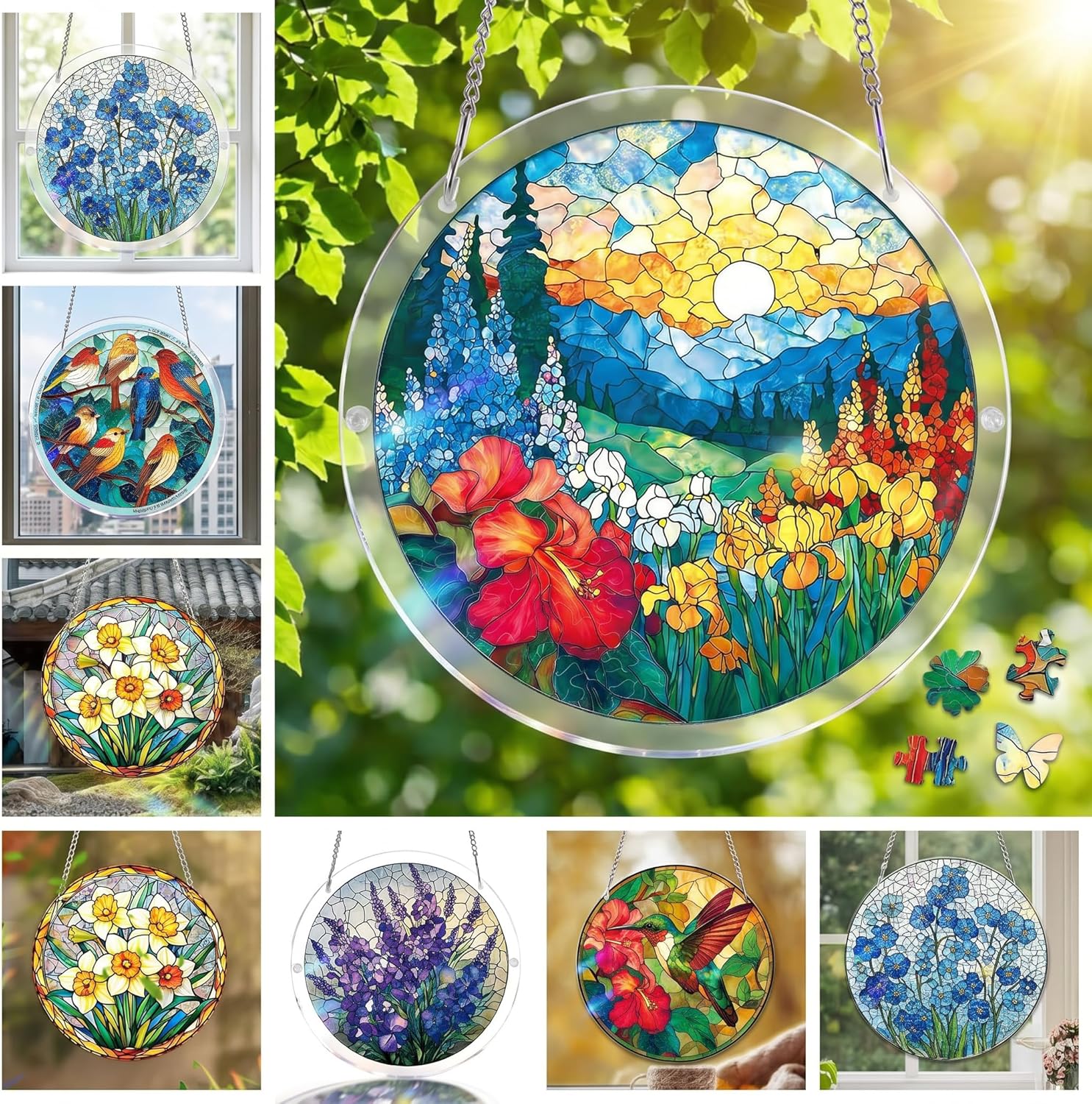 Acrylic Jigsaw Puzzle Suncatcher, 83 Pieces 8.2 Inch Sun Catcher Acrylic Puzzles Garden Decoration and Women Men Birthday Gift Home Decor (Azure Bloom Whisper)