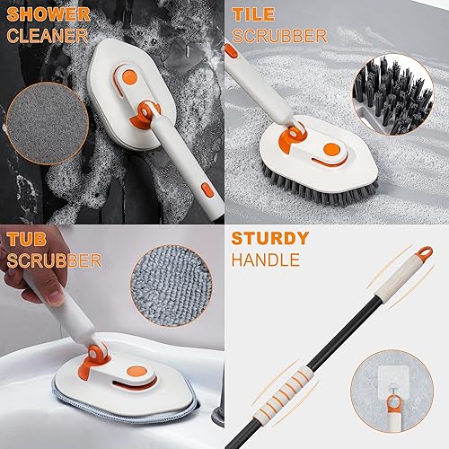 Miniatura 3 de Cepillo de ducha con mango largo, cepillo de ducha 3 en 1 antiarañazos y 5 cabezales de cepillo de repuesto desmontables para limpiar baño,