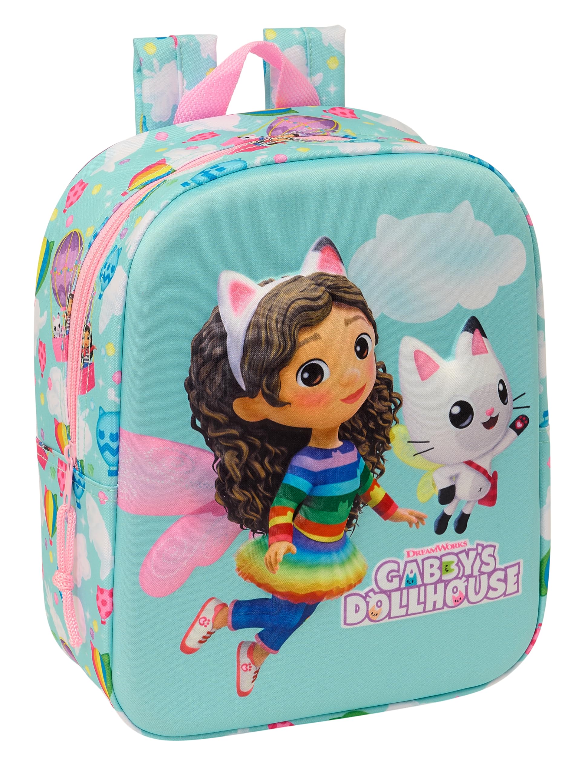 Safta GABBY'S DOLLHOUSE 3D - Mochila de Guardería 3D, Adaptable a Carro, Fácil Limpieza, Ideal para Niños de Diferentes Edades, Cómoda y Versátil, Calidad y Resistencia, 22x10x27 cm, Color Celeste/rosa
