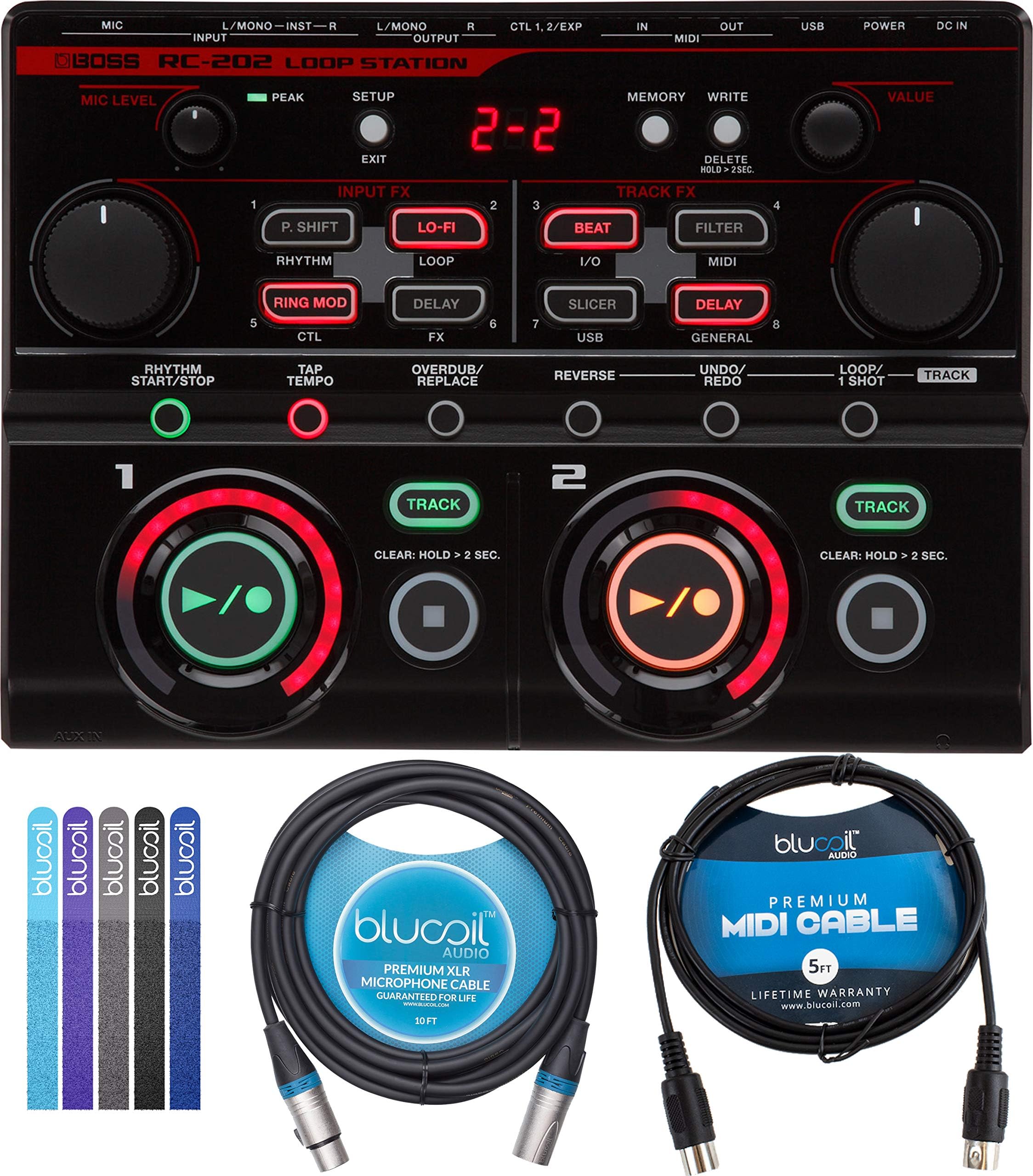 blucoil, B BOSS RC-202 Loop Station with USB Audio Connection Bundle 10 Balanced XLR, 5-Ft MIDI 5-Pack of Reusable Cable Ties