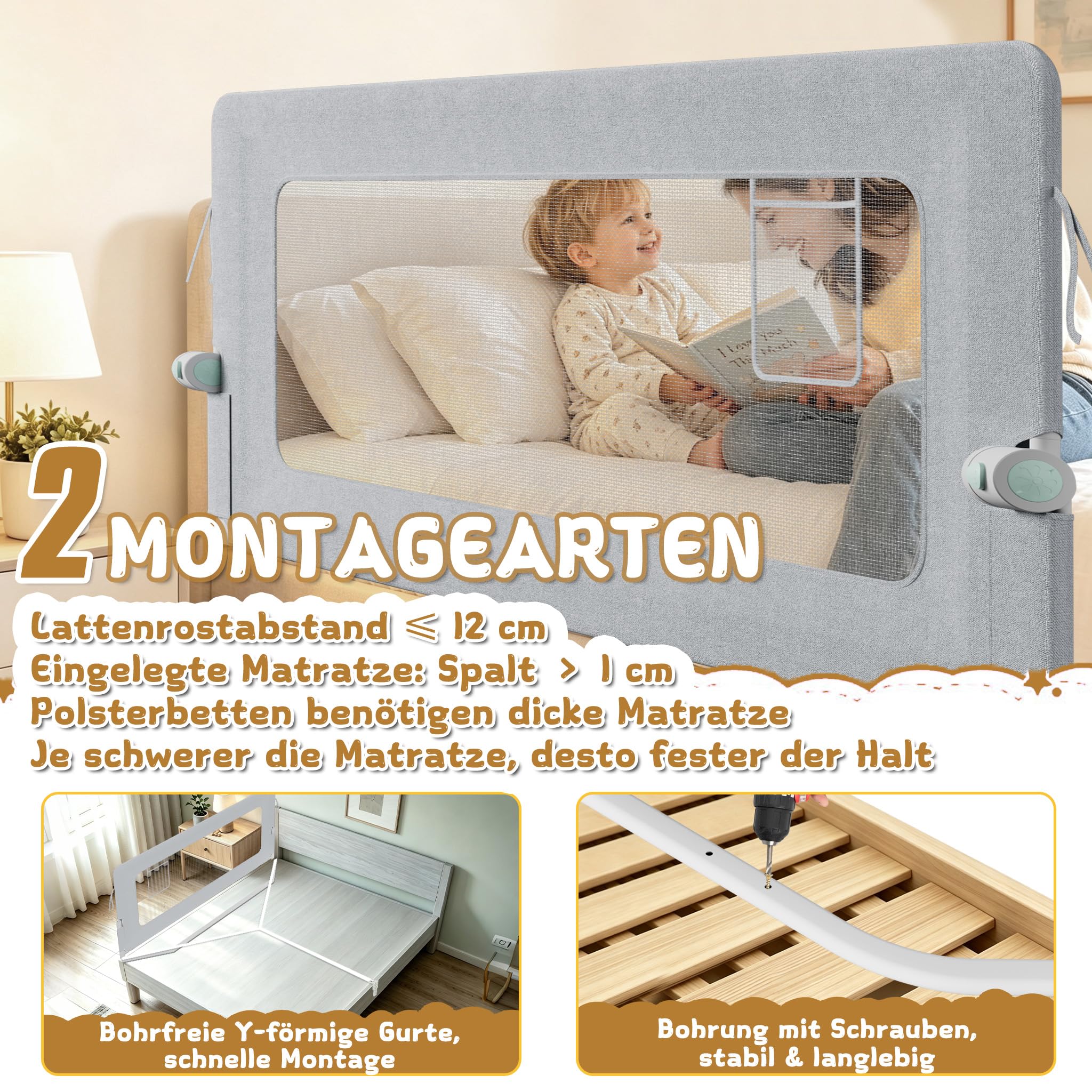 XMTECH 1 barrière de lit pour enfants de 18 mois à 5 ans, protection anti-chute, pliable, portable, pour tout-petits, de 18 mois à 5 ans, grise, 200 cm