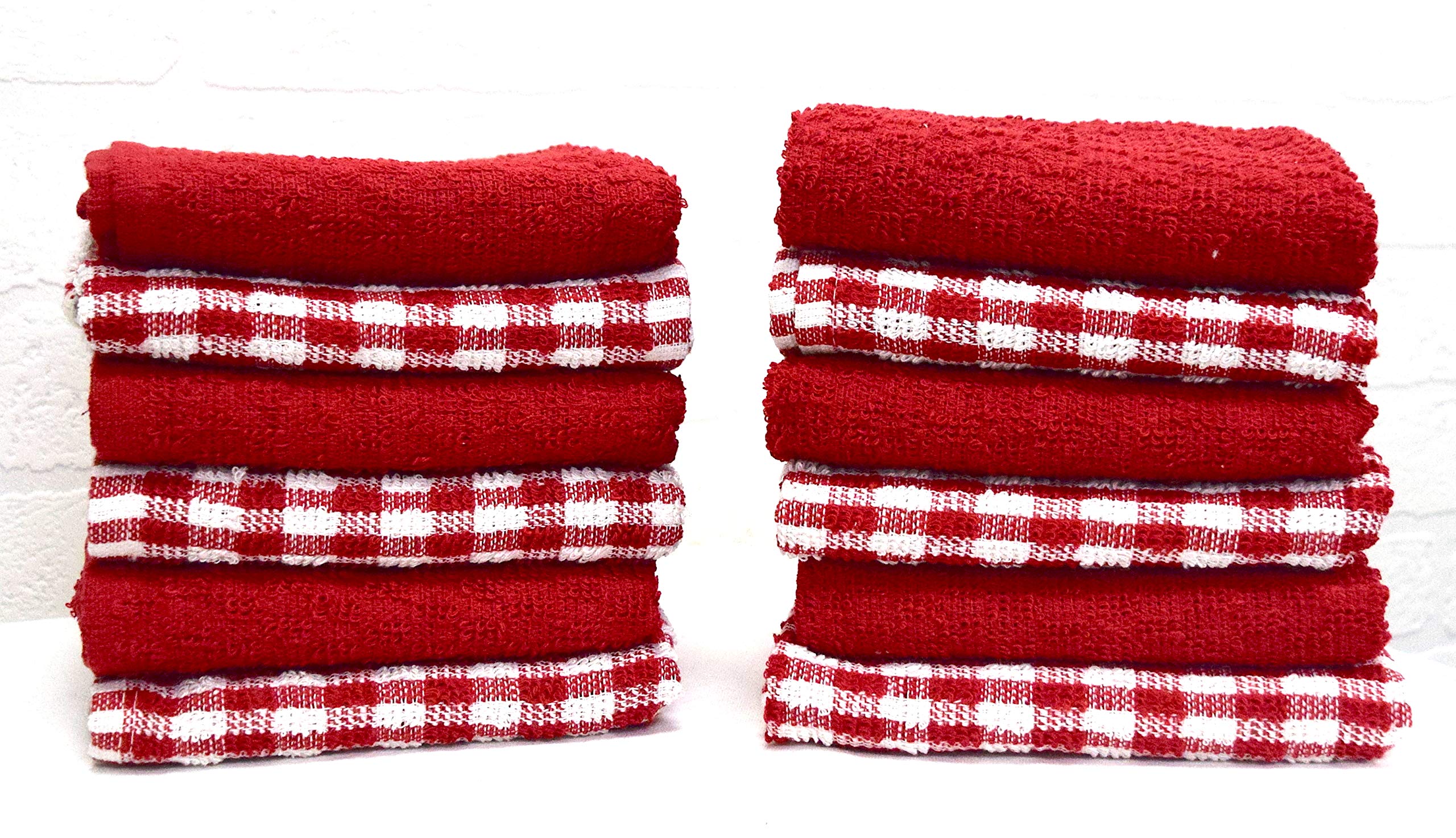 A & B TRADERS 100% Cotton Terry Tea Towels Packs (Sets of 2, 3, 6, 12 or 15) Egyptian Mono Check Superdry Soft Professional Hotel Quality Kitchen Dish Cloth (Red, 15)