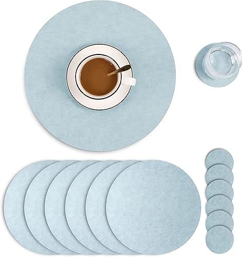 Miniatura 35 de Jovono - Juego de manteles individuales y portavasos redondos: 4 manteles y 4 portavasos de piel sintética de doble costura; diámetro de mantel de D