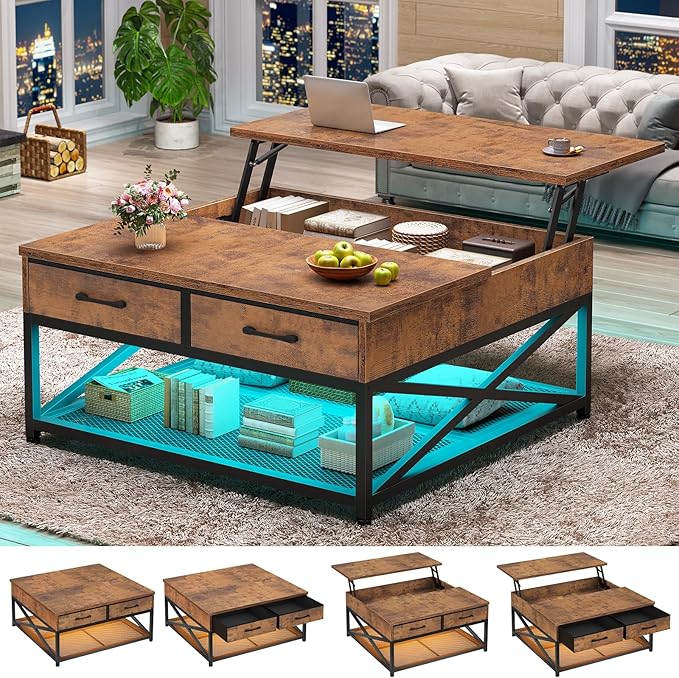 Lift Top Coffee Table with Storage, Rustic Brown