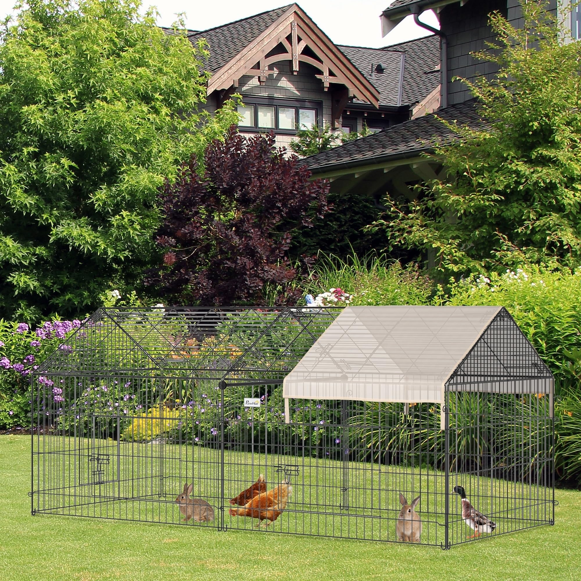 PawHut 86.5" L Metal Chicken Playpen, Small Animal Cage, Pet Playpen Yard Fence for Rabbits, Chinchillas with Roof for Indoor & Outdoor, 40.5" H, Beige