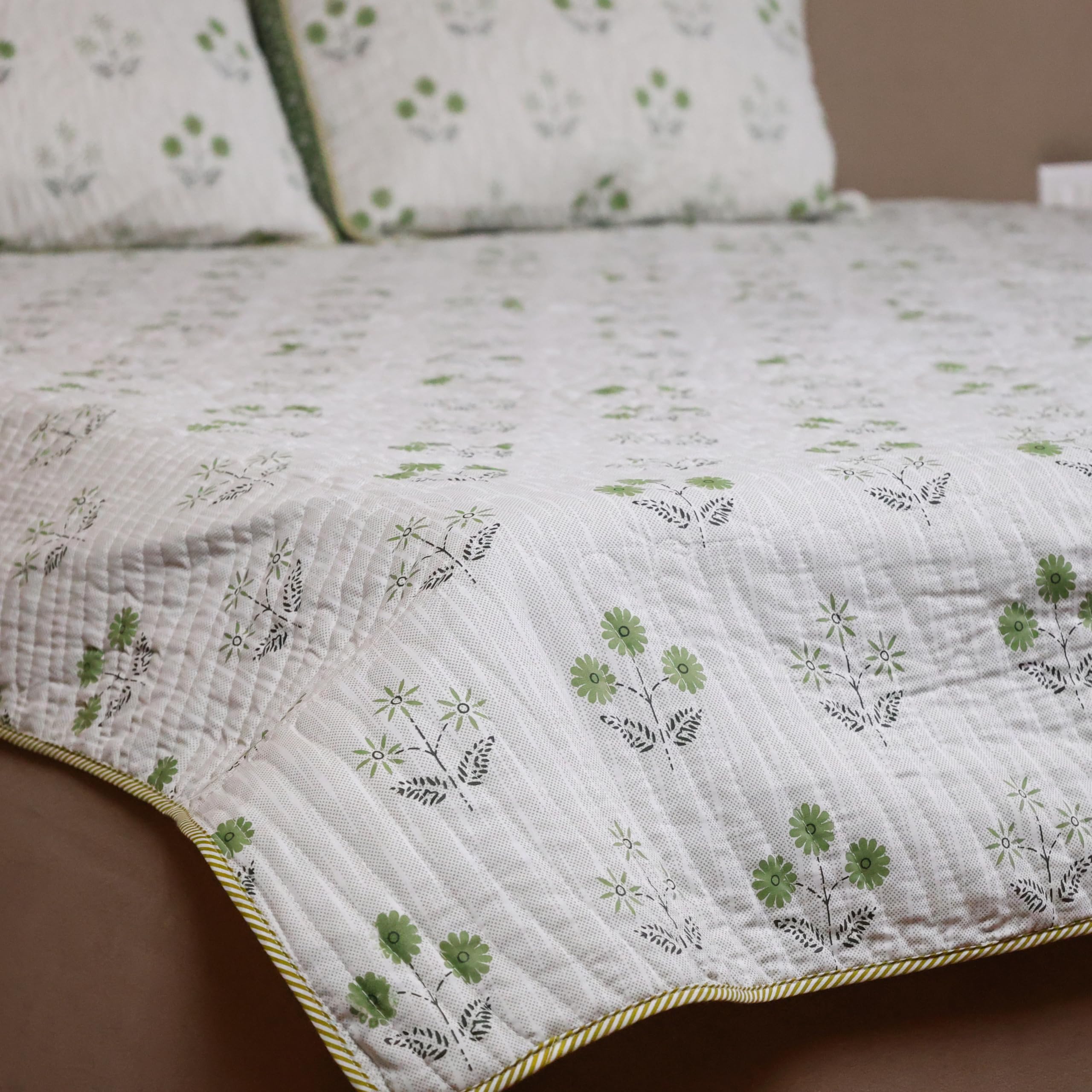 NATRIEL Quilted Bedcover with Pillow Cover, Pure Cotton, Double Bed, Vintage Olive Green Floral, Hand Block Printed | Comfortable & Washable Bedsheet for Home-image-45