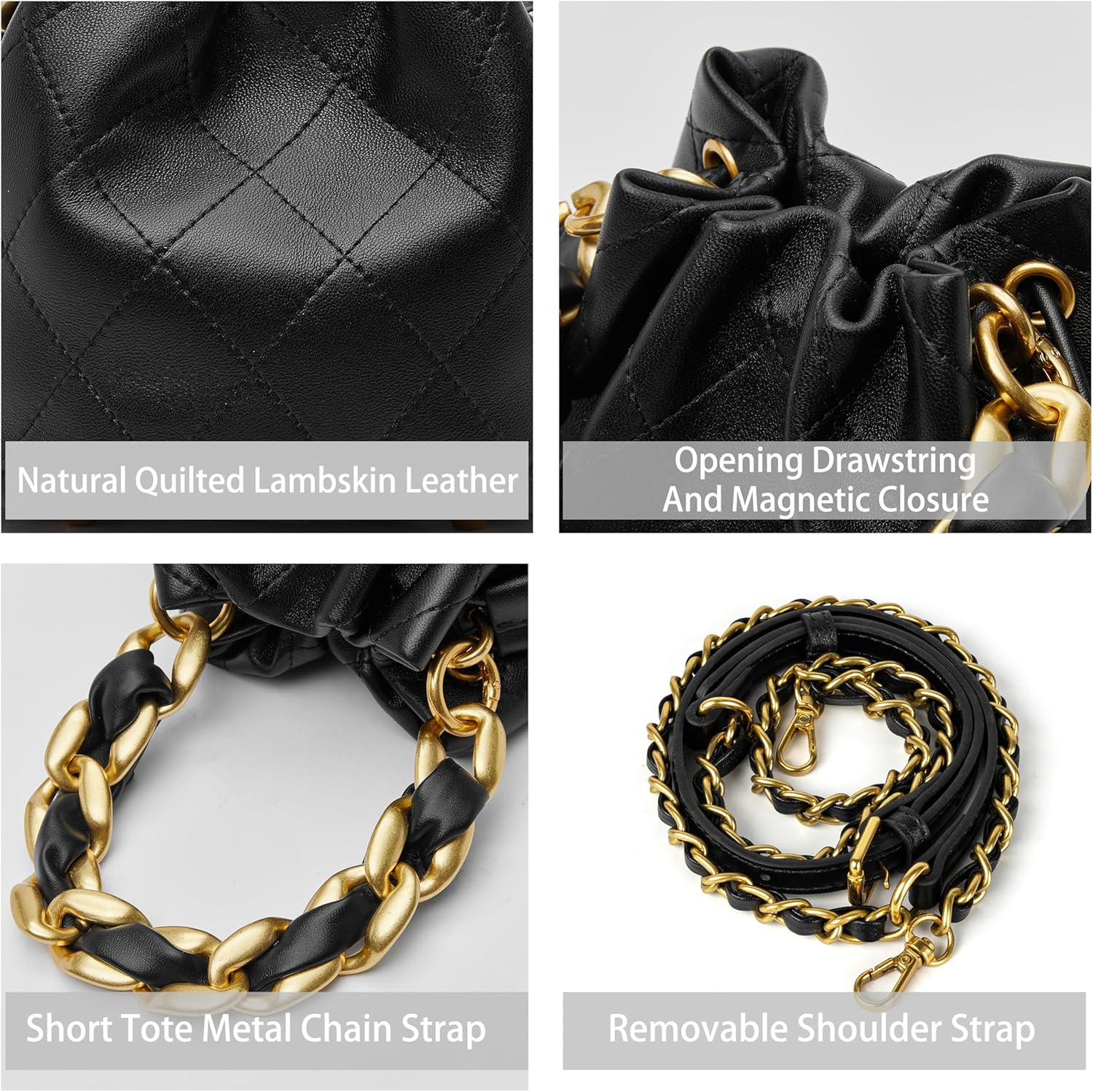 DORIS&JACKY Small Top Handle Bucket Bag, Designer Lambskin Drawstring Crossbody Purse with Chunky Chain Tote Strap - Image 6