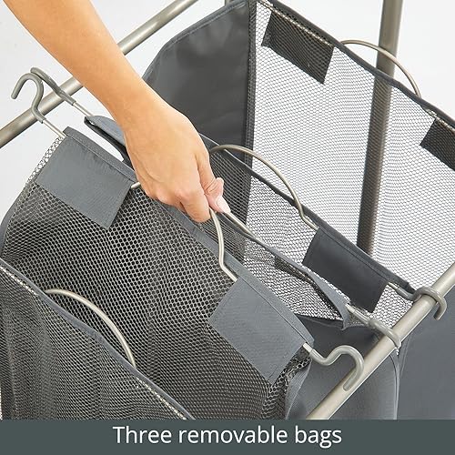 Miniatura 4 de mDesign Clasificador de ropa portátil con ruedas y barra para colgar ropa, sistema de carrito de metal resistente con 3 cestas organizadoras de