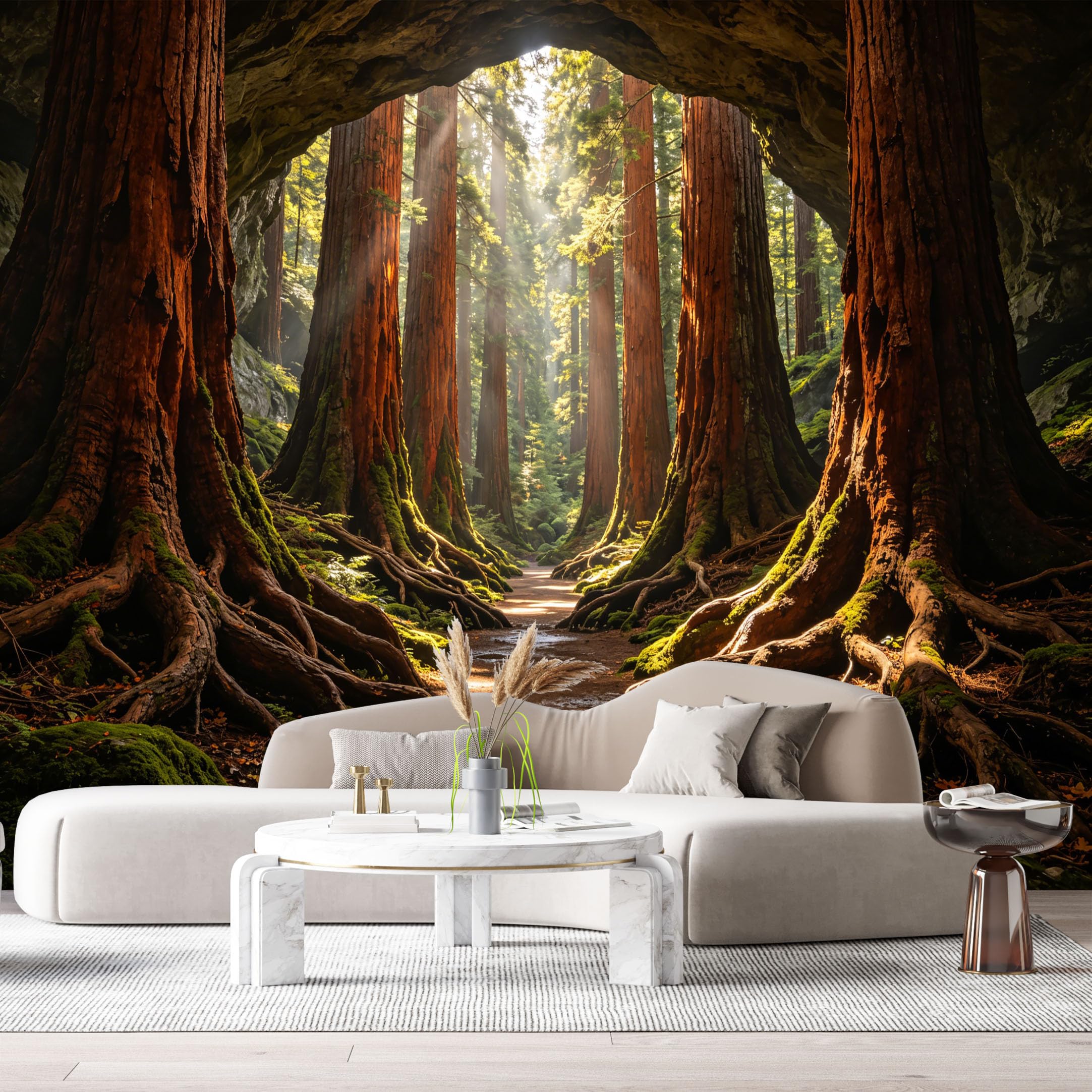 Custom Size Wall Murals Forest Landscape Giant Redwood Trees Cave Path Sunlight Rays SelfAdhesive Wall Fabric Removable Large Wallpaper for Photo Living Room