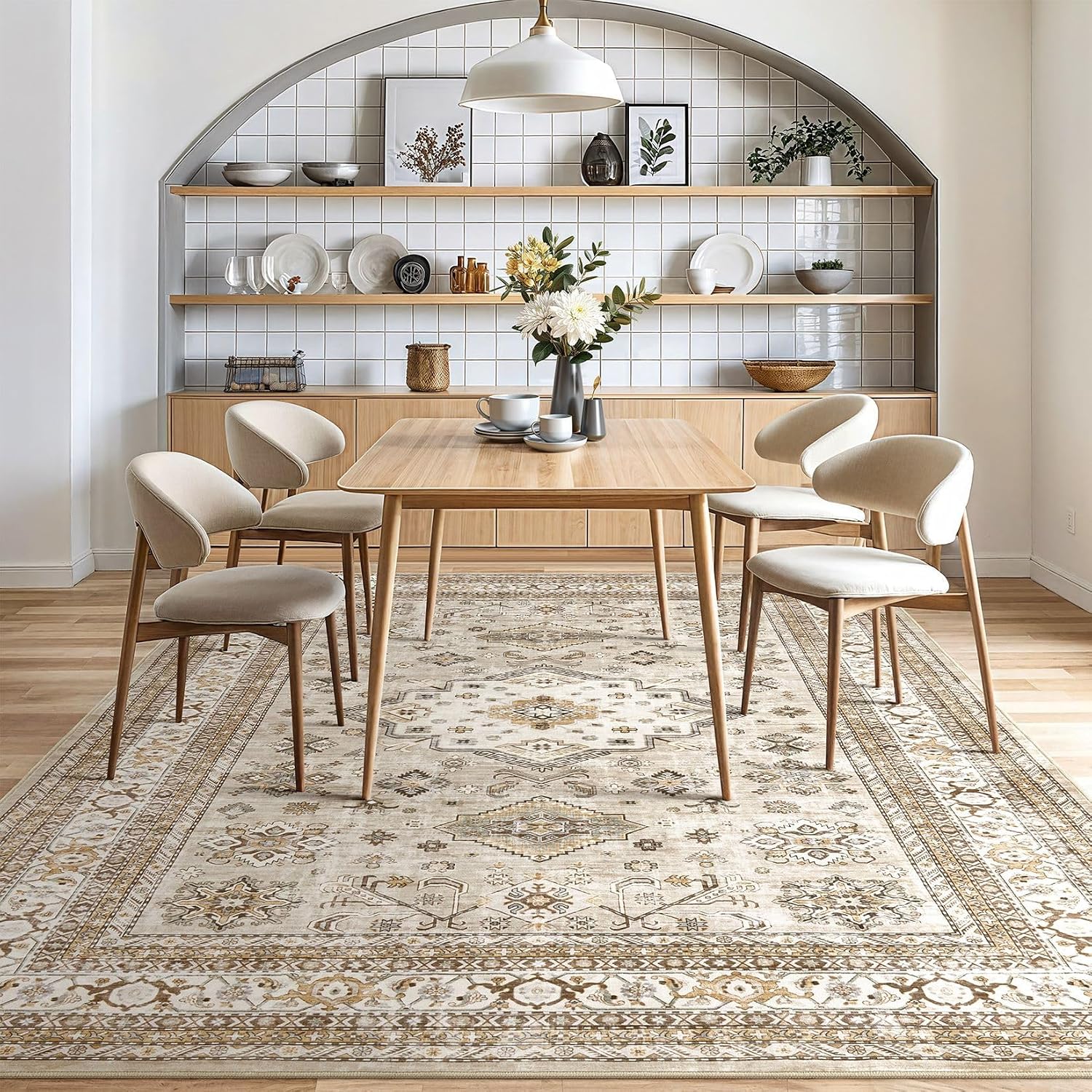Vintage Living Room Area Rug 5x7 - Large Soft Washable Oriental Traditional Distressed Farmhouse Rugs for Bedroom - Indoor Floor Accent Carpet for Home Office House Decor - Beige