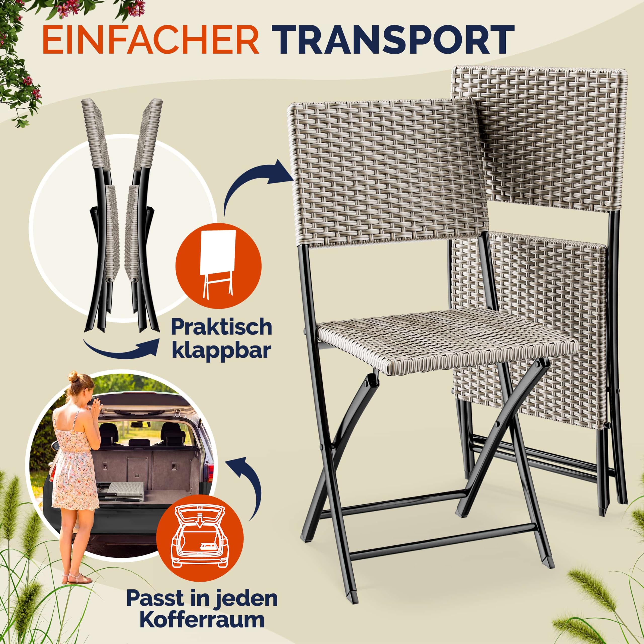 Casaria® Polyrattan Klappstuhl 2er Set Creme leicht faltbar bis 120kg belastbar tragbar wetterfest Stuhl Sessel Balkon Terrasse Garten Camping Stuhl Sessel