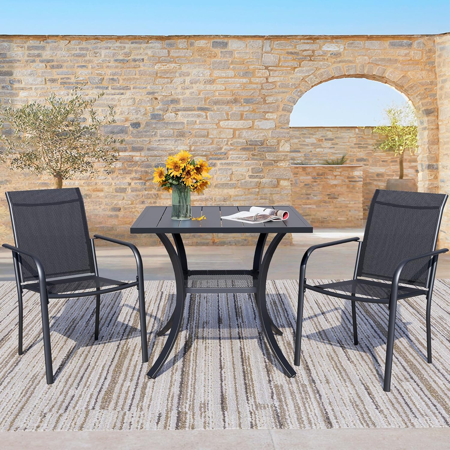 3 Piece Outdoor Dining Set, Patio Table and Chairs Set of 2, 27.6" Black Square Patio Table with 2 Black Stackable Patio Chairs for Lawn, Garden, Porch